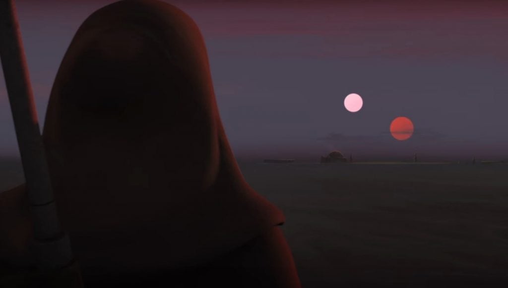 Obi Wan overlooking the Lars homestead at sunrise from afar