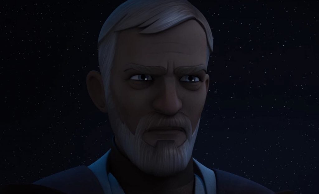 A close-up on Obi Wan's face in cartoon form