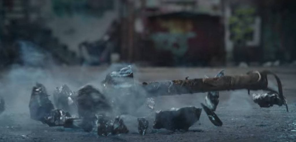 A shattered hammer on the ground in Thor: Ragnarok