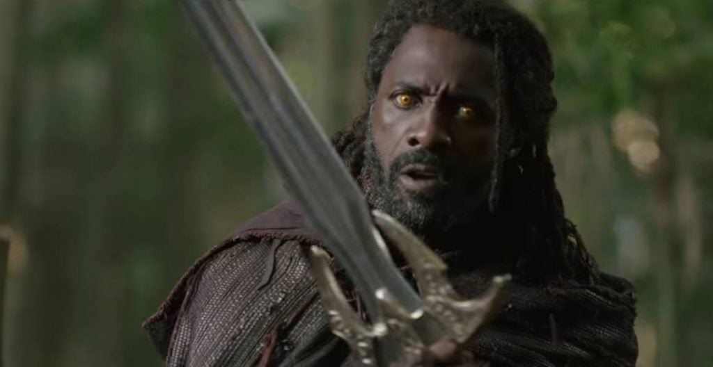 Heimdall looking to his left, holding his sword