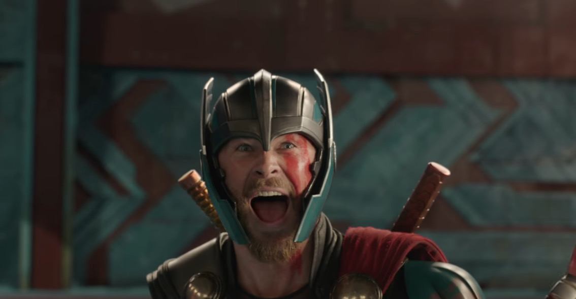 Thor screaming while wearing his helmet and gear. 