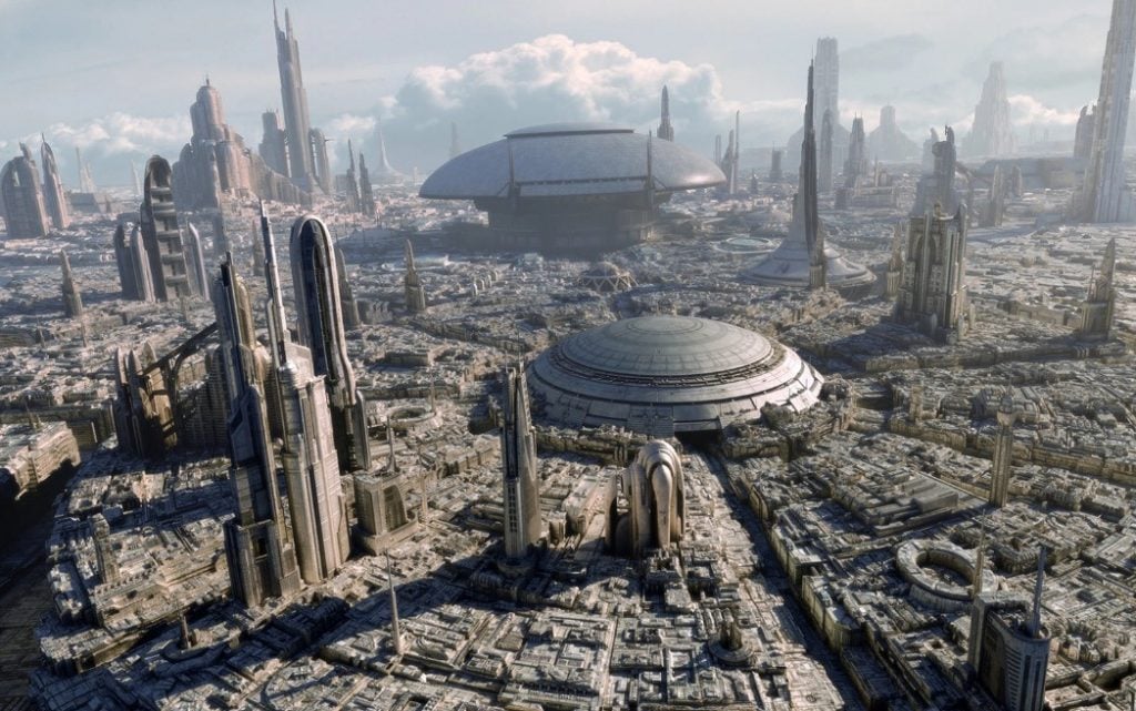 An above-view of Coruscant, showing a high-tech city-scape
