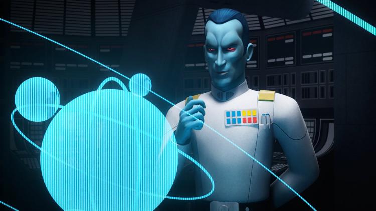 Thrawn looking at holographic star charts, with his fist clenched