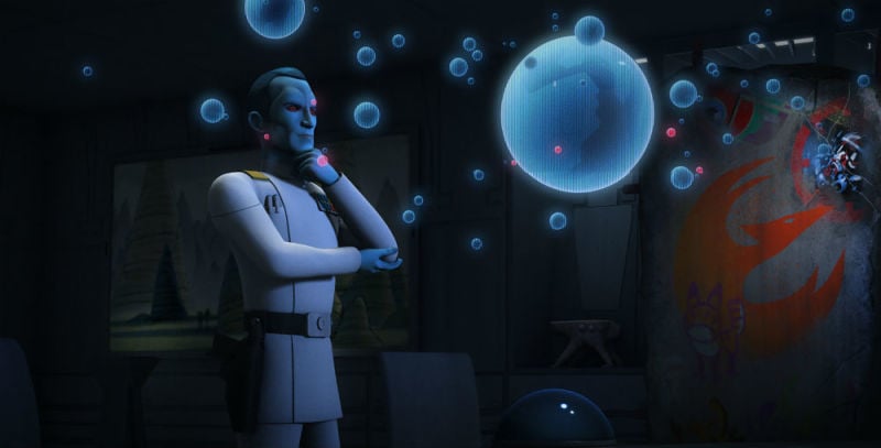 Thrawn with his hand resting below his chin, looking over holographic star charts