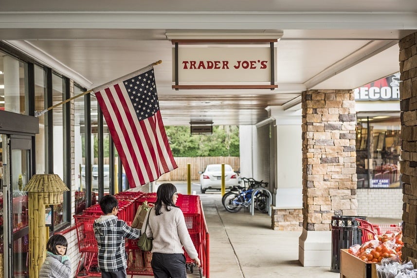 Trader Joes grocery store entrance with sign