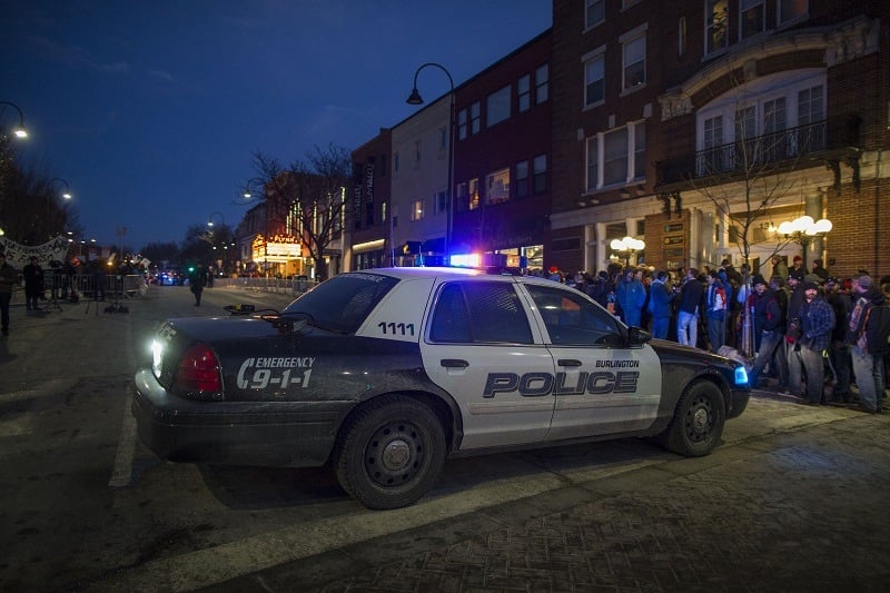 A police car blocks the road outside of the Flynn Center for the Performing Arts in Vermont