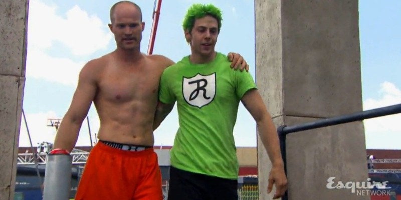 Brian Arnold and Jamie Rahn have their arms around each other after completing the course on Team Ninja Warrior.