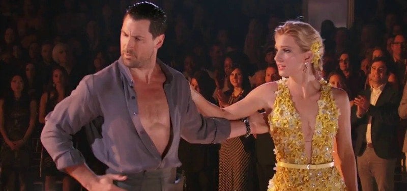 Heather Morris looks to Maksim Chmerkovskiy looks away while dancing on the show.
