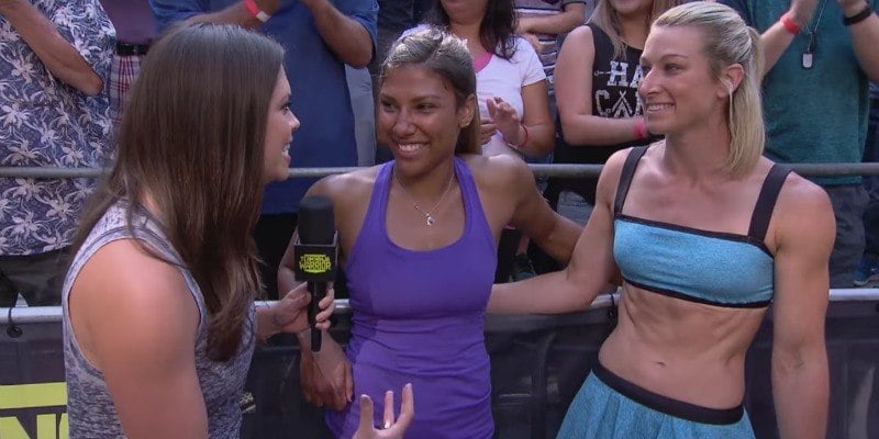 Jessie Graff and Meagan Martin talking to Alex on the sideline of Team Ninja Warrior.