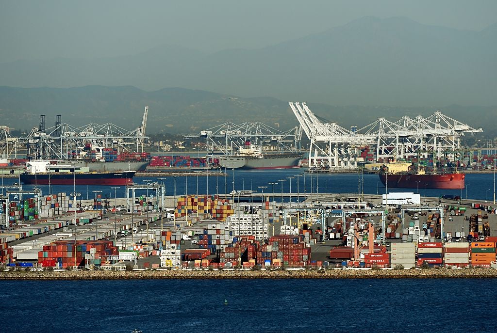 Ships wait to be loaded at the Port of Los Angeles
