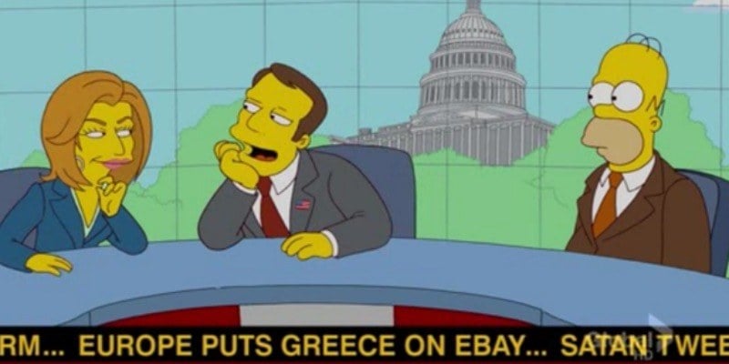 Homer is on a news show with two news anchors. There is a ticker underneath reading "Europe puts Greece on Ebay."