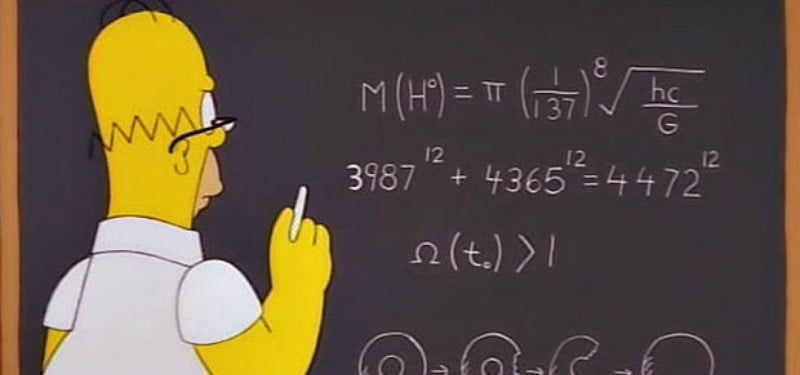 Homer writing an equation on the blackboard while wearing glasses