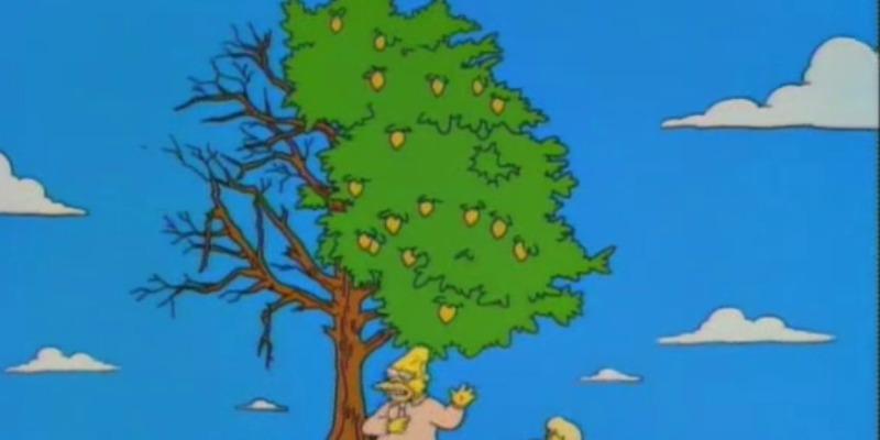 Abraham Simpson is under a lemon tree talking to children.