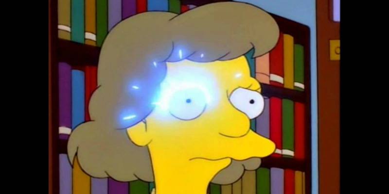 A woman's eye is sparking in a library on The Simpsons.