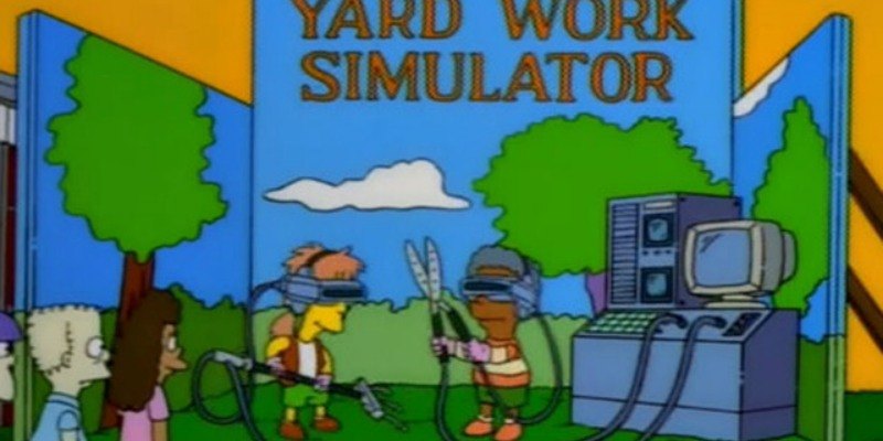 Children play with a yard tools while wearing virtual reality goggles on The Simpsons