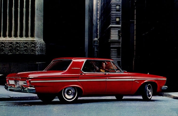 View of a red Plymouth Fury from model year 1963