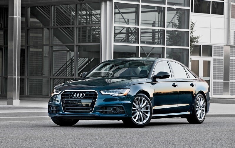 Front three quarter view of blue Audi A6