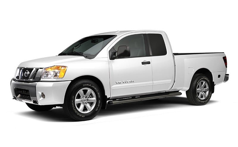 Studio shot of 2014 Nissan Titan Crew Cab pickup truck in white