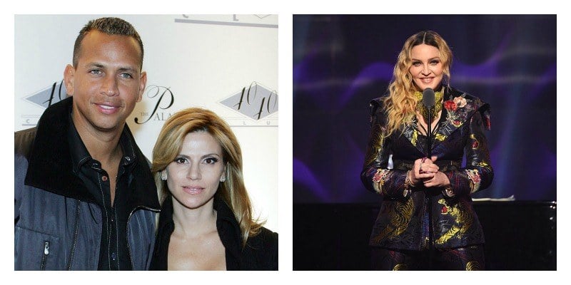 On the left is Alex Rodriguez and Cynthia Scurtis posing together on the red carpet. On the right is Madonna on stage.