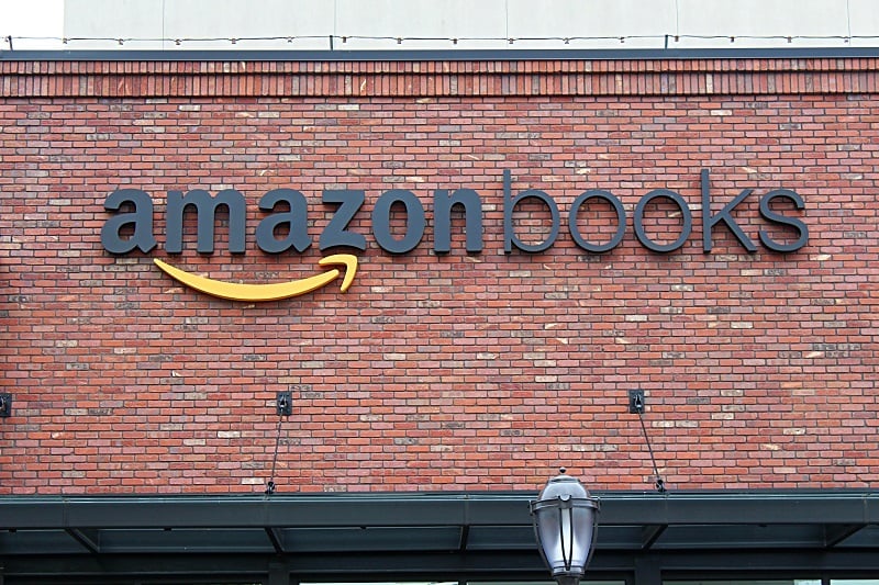The Amazon Books logo on the front of the store in Seattle's U-Village