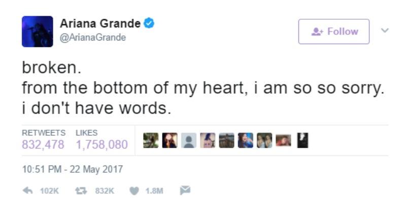 This is a screen shot of Ariana's tweet "broken. from the bottom of my heart, i am so so sorry. i don't have words."
