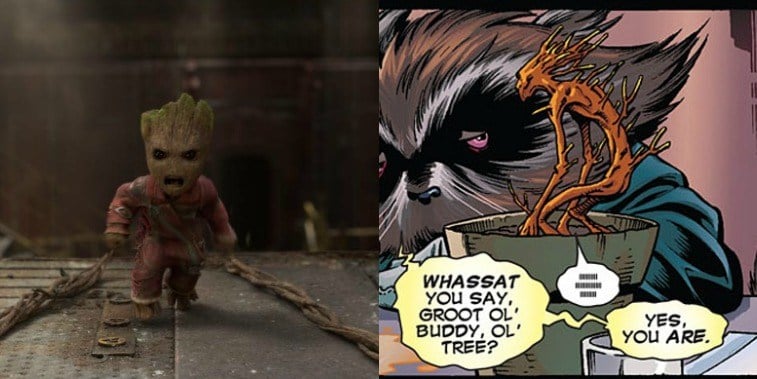 Baby Groot in GOTG Vol. 2 and comic image of Baby Groot in the comics