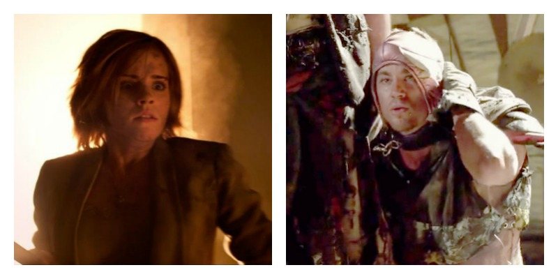 On the right is a picture of Emma Watson holding a shovel and looking scared. On the right is Channing Tatum on the ground and lifting a mask from his face.