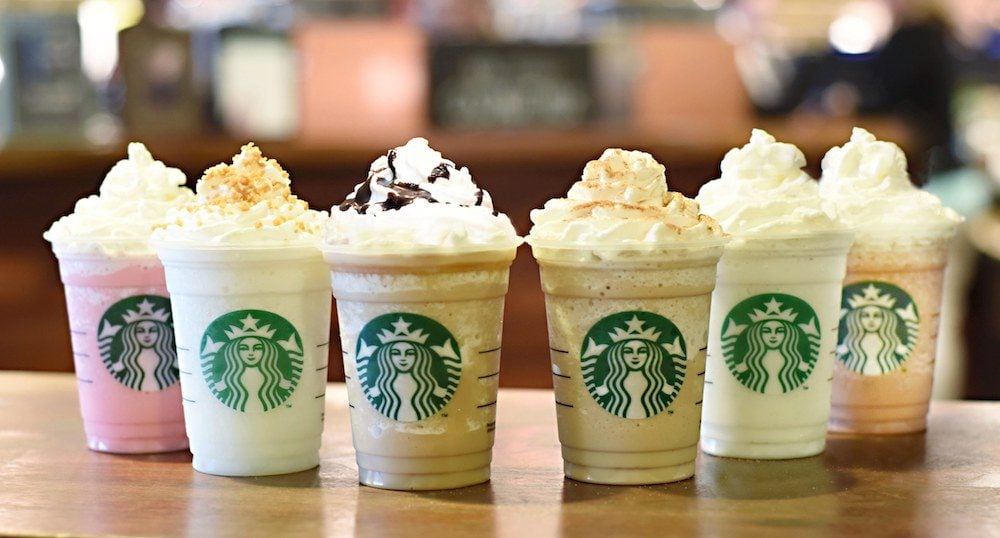 a line of frappuccinos