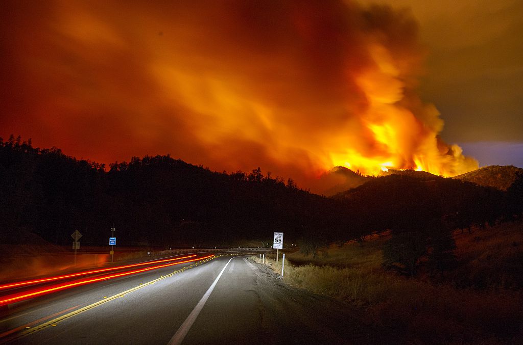A forest fire burns in California