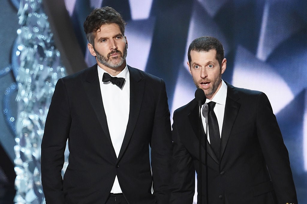 David Benioff and D.B. Weiss on stage accepting an Emmy