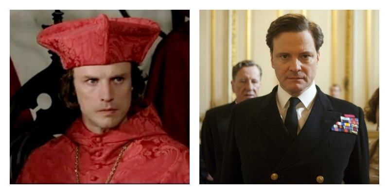 This is a side by side photo of Jonathan Firth dressed as a cardinal and Colin Firth dressed in a suit.