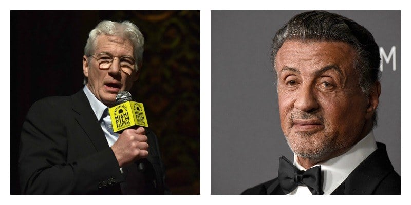 On the left is a picture of Richard Gere talking with a microphone. On the right is a closeup of Sylvester Stallone's face as he poses on the red carpet.