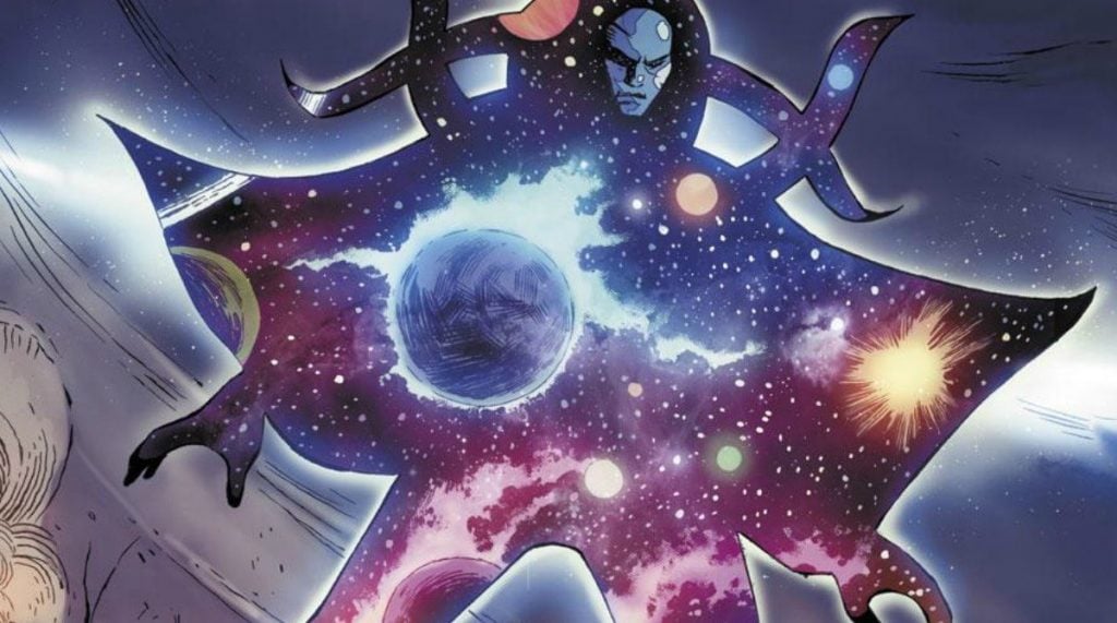 An alien with a galaxy printed across its body, towering above its enemies An alien with a galaxy printed across its body, towering above its enemies