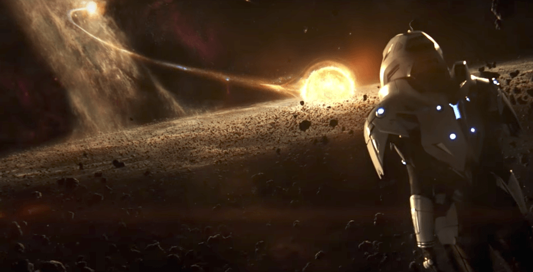 A person in a space suit, looking out over a sun surrounded by asteroids 