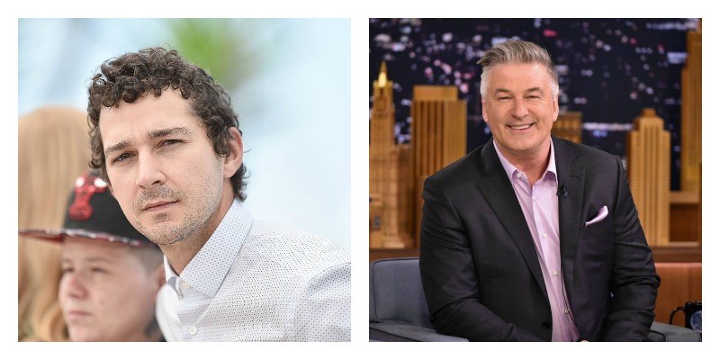On the right is a picture of Shia LaBeouf in a white suit on the red carpet. On the right is a picture of Alec Baldwin sitting down and smiling.