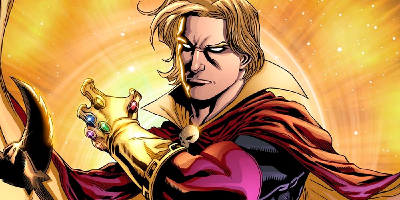 Adam Warlock, wearing a flowing cape, and wearing the Infinity Gauntlet