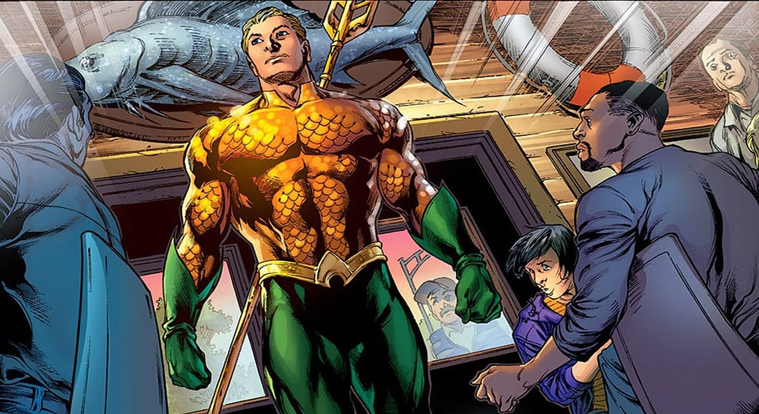 Comic book cartoon of Aquaman walking as people stare at him Comic book cartoon of Aquaman walking as people stare at him