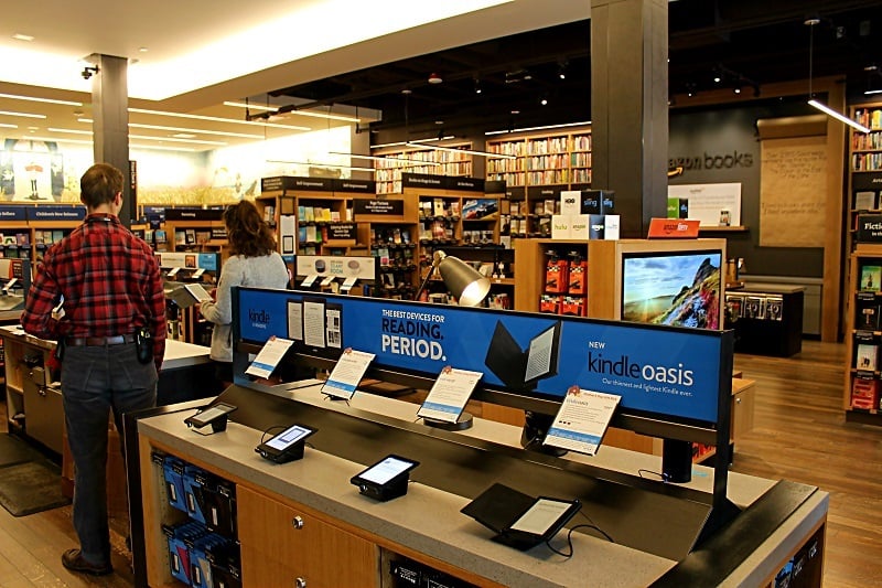 Kindles and Amazon Fire products on display