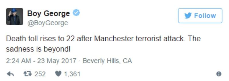 This is a screen shot of Boy George tweeting "Death toll rises to 22 after Manchester terrorist attack. The sadness is beyond!"