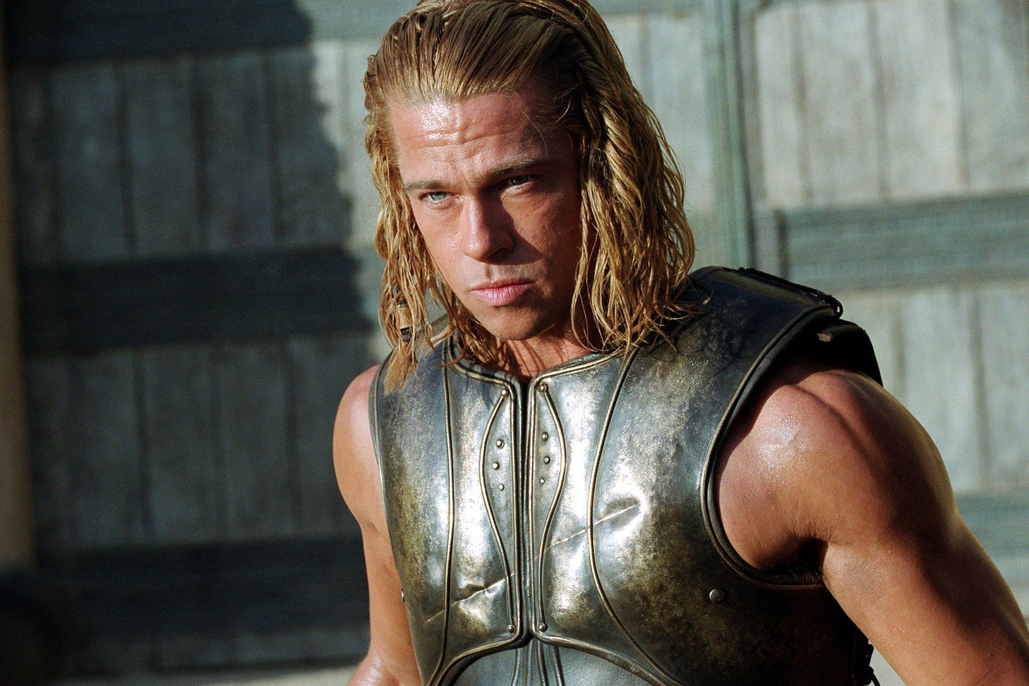 Brad Pitt looking serious wearing armor in Troy Brad Pitt looking serious wearing armor in Troy