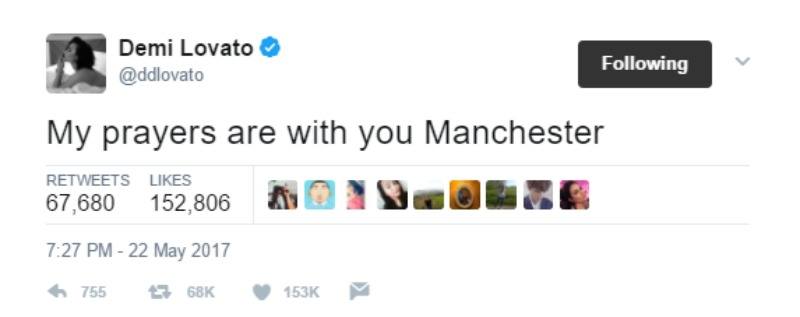 This is a screen shot of Demi Lovato's tweet, "My prayers are with you Manchester."