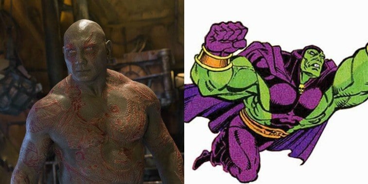 Dave Bautista as Drax in GOTG Vol. 2 and comic image of Drax the Destroyer in the comics