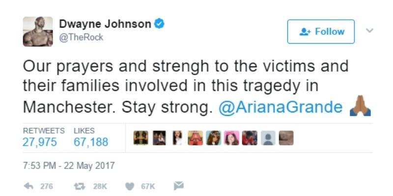 This is a screen shot of Dwayne Johnson's tweet, "Our prayers and strengh to the victims and their families involved in this tragedy in Manchester. Stay strong. @ArianaGrande"