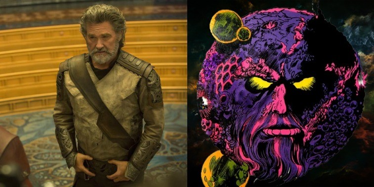 Kurt Russell as Ego in GOTG Vol. 2 with his hands on his belt and Ego the living pink and purple planet with angry yellow eyes in the comics