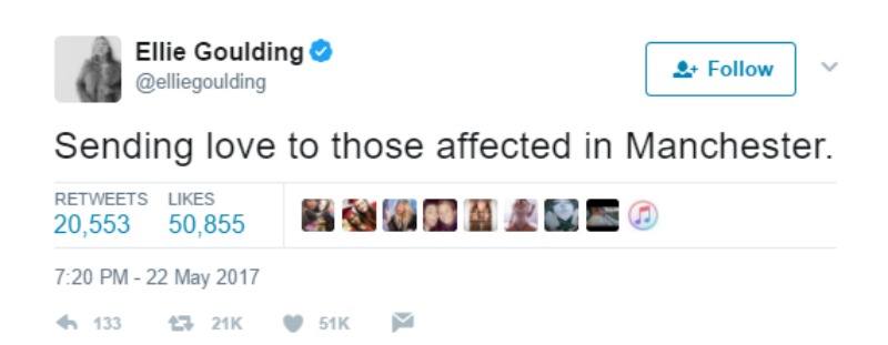 This is a screen shot of Ellie Goulding's tweet, "Sending love to those affected in Manchester."