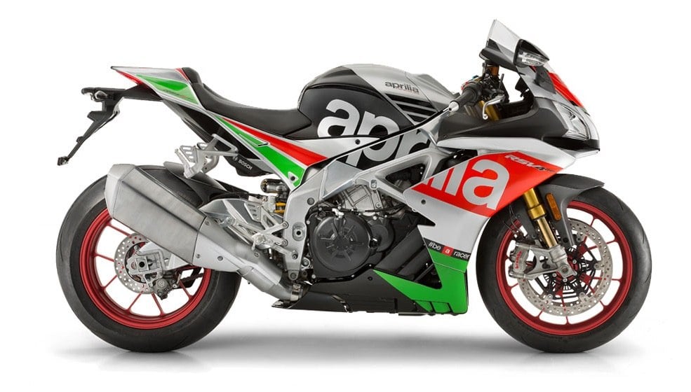 View of the Aprilia RSV4 RF in red, green and gray
