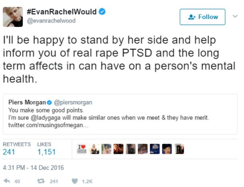Evan Rachel Wood tweets "I'll be happy to stand by her side and help inform you of real rape PTSD and the long term affects in can have on a person's mental health."