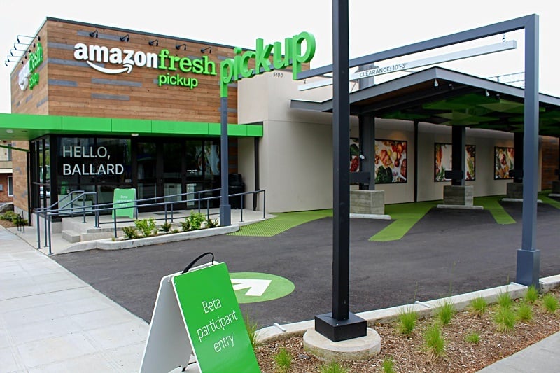 A view of the front of the Amazon Fresh pickup location in Ballard