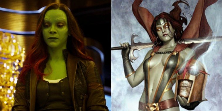 Gamora in GOTG Vol. 2 and comic image of Gamora in the comics
