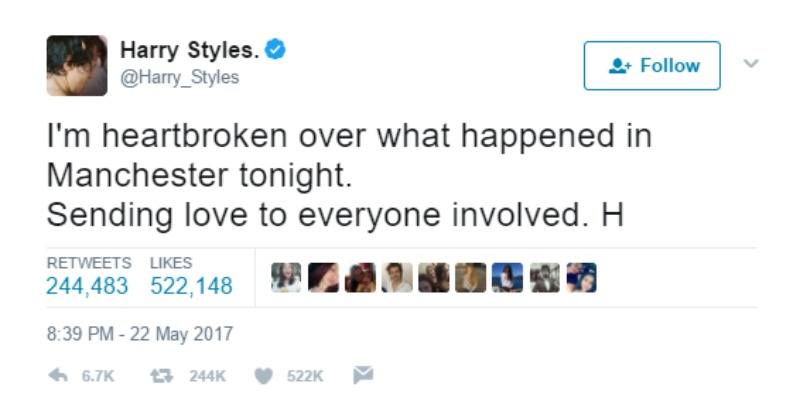This is a screen shot of Harry Styles tweeting "I'm heartbroken over what happened in Manchester tonight. Sending love to everyone involved. H"